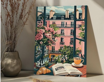 Könnte beinhalten: Ein Gemälde, das einen Fensterblick auf ein rosafarbenes Gebäude mit Balkon und grünen Pflanzen zeigt. Das Fenster ist geöffnet und auf einem Tisch mit einem Buch und einem Croissant steht eine Tasse Kaffee. Der Text auf dem Gebäude lautet "Folie Douce"