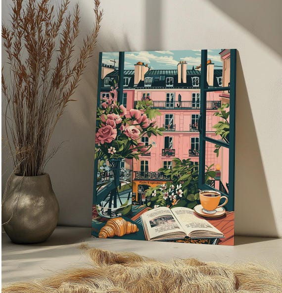 Coffee Croissant Cozy Reading Nooks Paint By Number Kit Still Life DIY Paint by Numbers For Adult,Book Lover Home Decor,Bookish Gift