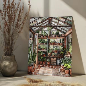 Peut inclure: Une peinture à l'aquarelle d'une serre remplie de diverses plantes et cactus. La serre a un toit en verre et un sol en briques. La peinture est de style rustique.