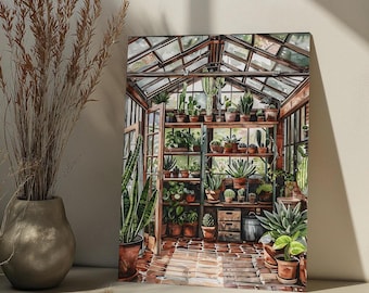 Puede incluir: Una pintura de acuarela de un invernadero lleno de diversas plantas y cactus. El invernadero tiene un techo de vidrio y un suelo de ladrillo. La pintura es de estilo rústico.