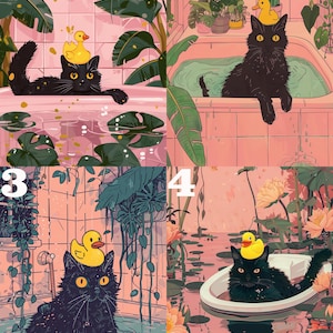 May include: A black cat with a yellow rubber ducky on its head sits in a bathtub filled with water. The cat is surrounded by lush green plants and pink tiles. The bathtub is in a bathroom with a pink tiled floor.