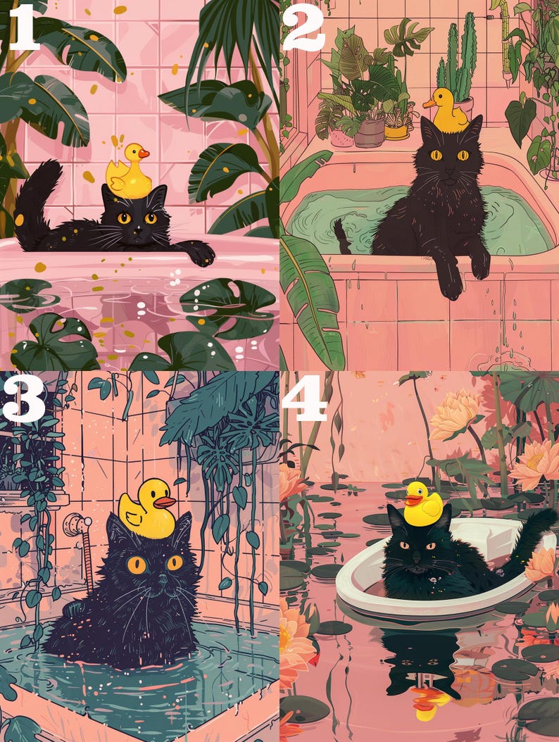 May include: A black cat with a yellow rubber ducky on its head sits in a bathtub filled with water. The cat is surrounded by lush green plants and pink tiles. The bathtub is in a bathroom with a pink tiled floor.