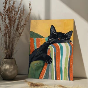 眠っている黒猫の数字塗り絵キット 猫の数字塗り絵 大人向け DIY 数字塗り絵 キャンバス 黒猫 寝室 壁アート 猫好きへのギフト