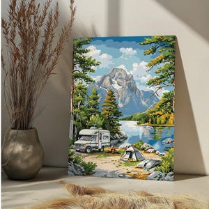 Camping National Park Paint By Number Kit Vintage Mountain Lake Floral Landscape DIY Paint by Numbers Adult,Camping National Park Scene Art