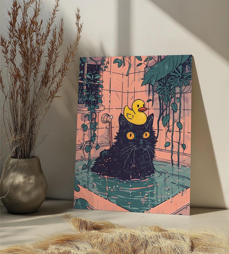 May include: A black cat with a yellow rubber ducky on its head sits in a bathtub filled with green water. The cat has a surprised expression on its face. The bathtub is surrounded by pink tiles and green plants.