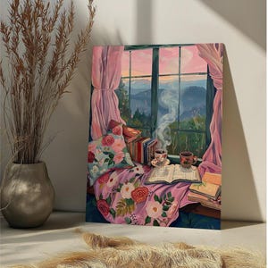 May include: A painting of a window with pink curtains and a view of a mountain range. There are books, a cup of tea, and a floral patterned blanket on the window seat.