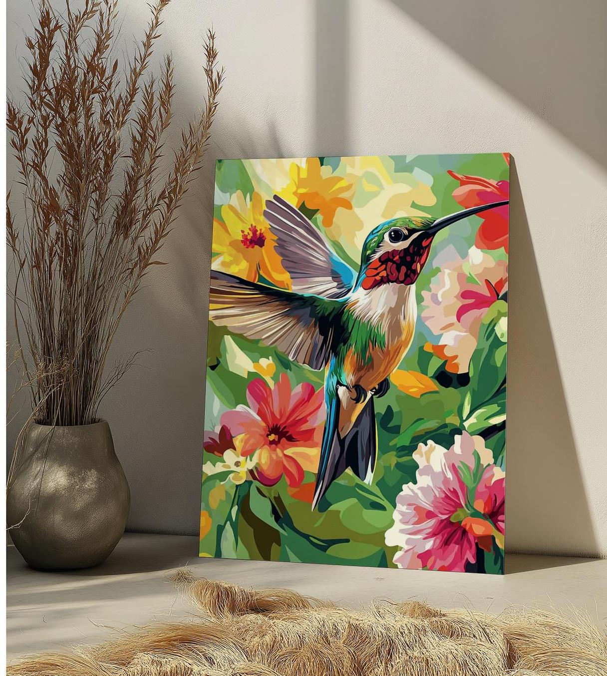 Kit Peinture Par Numéros NEWENMO – Colibri Fleurs 30x40cm Avec Cadre, Velcro Et Crochets – Activité Détente Et Décoration