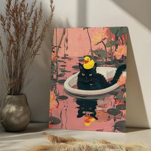 May include: A black cat wearing a yellow rubber ducky on its head sits in a white porcelain bathtub. The bathtub is floating in a pink and green pond with lily pads. The background is a pink and green watercolor painting of flowers and leaves.