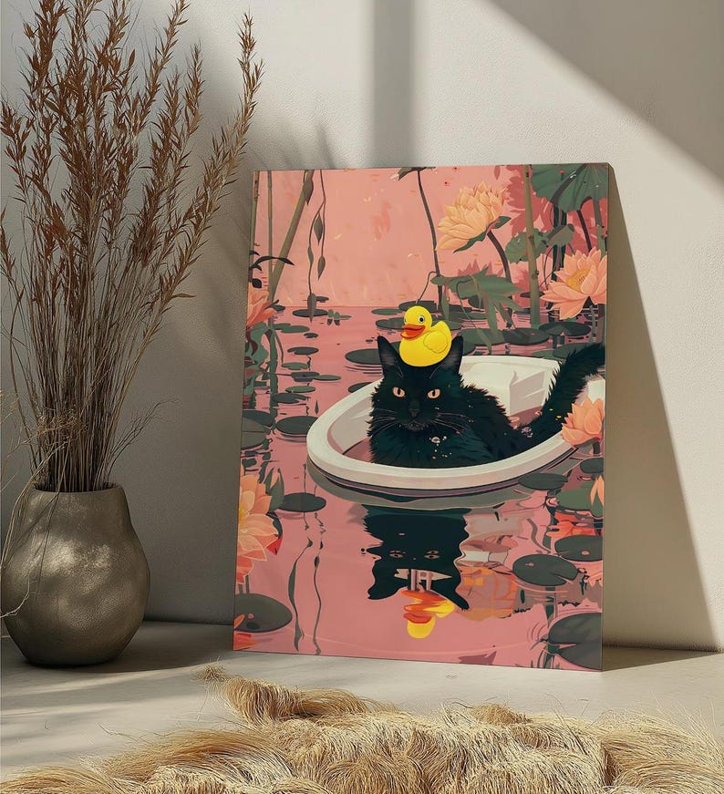 May include: A black cat wearing a yellow rubber ducky on its head sits in a white porcelain bathtub. The bathtub is floating in a pink and green pond with lily pads. The background is a pink and green watercolor painting of flowers and leaves.