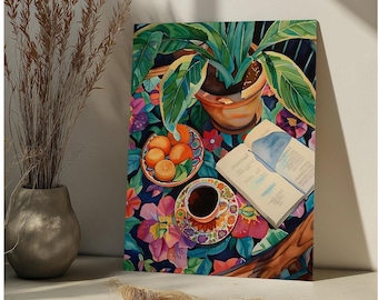 May include: A watercolor painting of a still life featuring a potted plant with green leaves, a cup of coffee, a plate of oranges, and an open book on a floral patterned table.