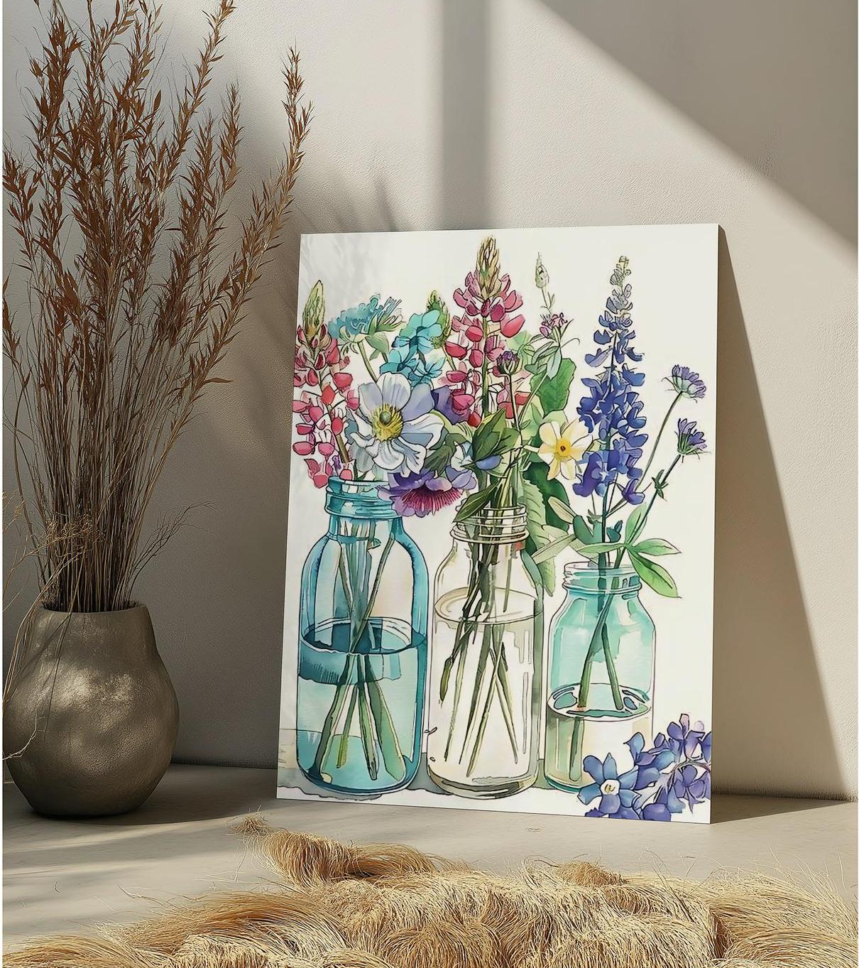 Wildflowers in Vase Paint By Number Kit Colorful Floral in Jars Mini DIY Paint by Numbers Adult,Wildflowers Acrylic Painting,Floral Wall Art