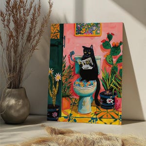 Zwarte kat op toilet verf op nummer Kit kat poepen DIY verf op nummer volwassene, grappige badkamer muur kunst, cadeau kattenliefhebber, roze tropische kunst