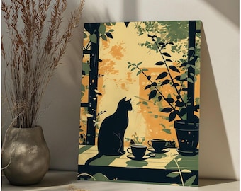 Kit de peinture par numéros chat noir et café Peinture par numéros chat rétro bricolage, décoration de cuisine de salle à manger, oeuvre d&#39;art murale drôle de bar à café, cadeau pour amoureux des chats