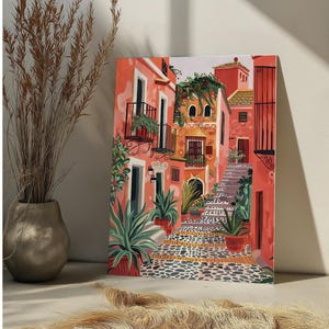 Kit de peinture par numéros mexicaine colorée vibrante pour maisons de rue Cactus de rue DIY peinture par numéros pour adulte, art mural traditionnel mexicain sur toile