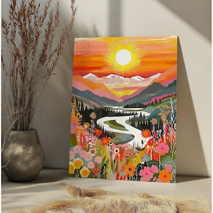 Sunset Abstract Mountain Paint By Number Kit Colorful Flower Landscape DIY Paint by Numbers For Adult,Floral Scenery  Plant Paint by Number