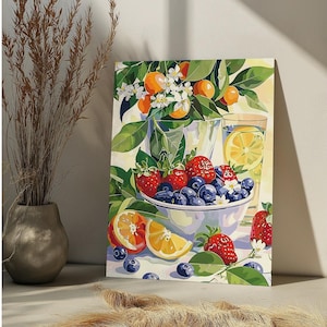 Stilleven Aardbeien verf op nummer Kit Aardbeien Schaal Sinaasappel Citrusvruchten DIY Verf op nummer Aardbei Verf op nummer Keukenkunst