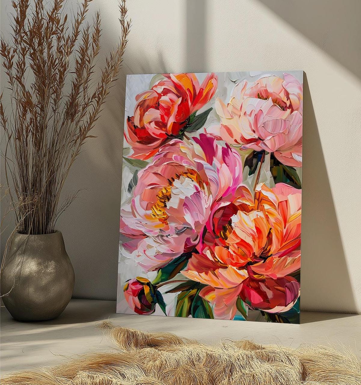 Kit de pintura por números con flores de primavera de Peony Folk, peonías rosas, pintura DIY por números, pintura de flores de verano brillantes, arte de pared para dormitorio y sala de estar