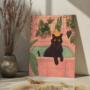 May include: A black cat with a yellow rubber duck on its head sits in a pink bathtub with green water. The cat is looking at the viewer. There are plants in the background.