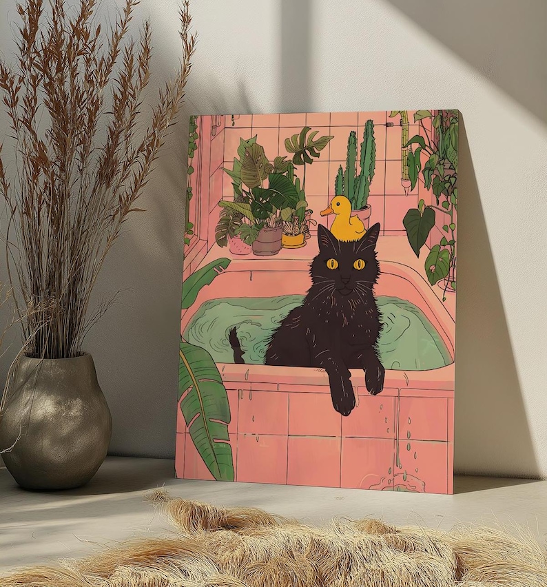 May include: A black cat with a yellow rubber duck on its head sits in a pink bathtub with green water. The cat is looking at the viewer. There are plants in the background.