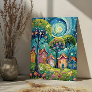 Kit de pintura por números de una aldea primaveral: casas y flores. Kit de pintura por números para adultos. Arte popular de un pueblo encantador.