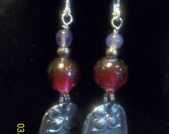 Silverware Earrings - Dangles - made with Fushia Glass  Beads.