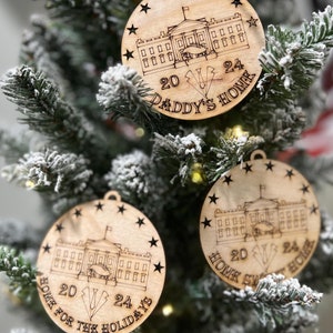Donald Trump 2024 Christmas Ornament with White House | Birch Wood Holiday Keepsake | Patriotic Home Decor, Unique Gift for Trump Supporters