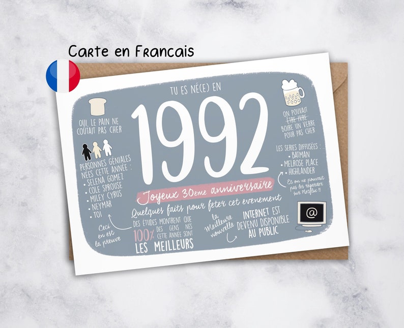 Fr Carte Anniversaire 30 Ans Carte 1992 Annee De Etsy