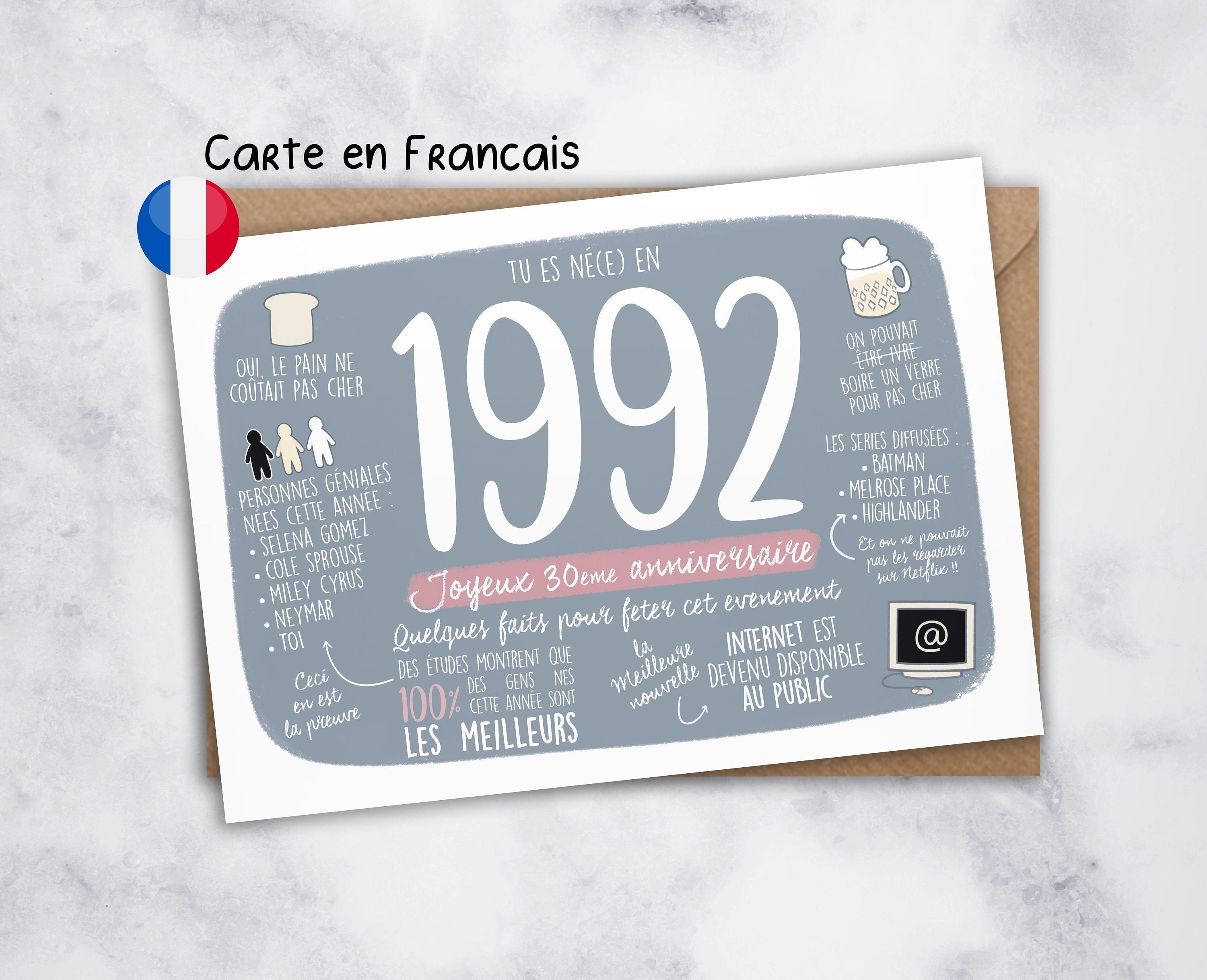 Fr Carte Anniversaire 30 Ans Carte 1992 Annee De Etsy Denmark