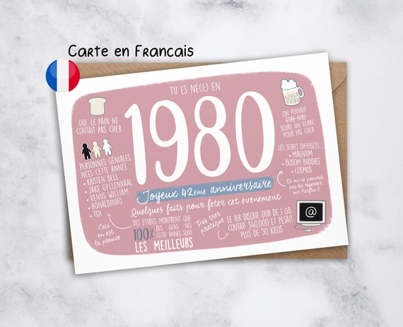 Fr Carte Anniversaire 42 Ans Carte 1980 Annee De Etsy