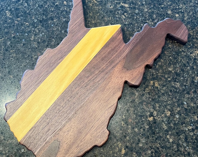 Featured listing image: West Virginia State shaped cutting board: Black walnut and yellow hart wood Charcuterie Board