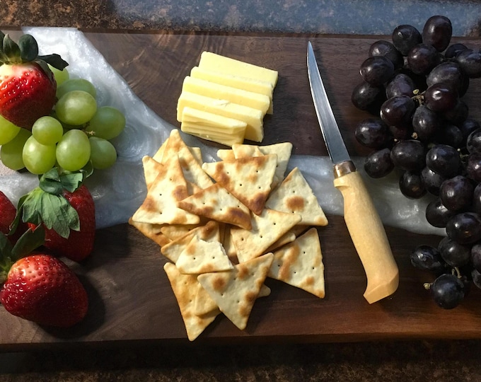 Featured listing image: Black Walnut Charcuterie Board: Pearl White Epoxy River, Metal Handles