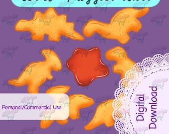 May include: Digital download of six cartoon dinosaur-shaped chicken nuggets with a red sauce splatter on a purple background. The text "Dino Nuggies stkr" is at the top of the image. The text "Personal/Commercial Use" is at the bottom of the image.