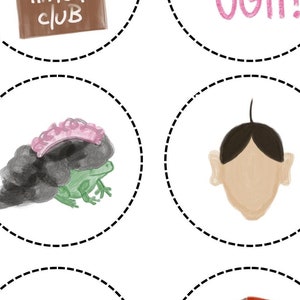 Puede incluir: Cinco toppers de cupcake imprimibles para una fiesta de cumpleaños. Los toppers presentan ilustraciones de una rana con una corona rosa, un perro con orejas marrones, un niño con cabello castaño, un niño con cabello castaño y una raya roja en el cabello y un libro marrón con el texto "HEMAN WOMUN HATERS CLUB". El último topper presenta el texto "Boys...UGH!!" en rosa.