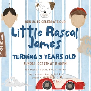 Puede incluir: Un fondo azul y blanco a rayas con una invitación de cumpleaños para un niño llamado James que cumple 3 años. La invitación presenta un coche de dibujos animados, un perro y la cara de un niño. El texto dice "Únete a nosotros para celebrar a nuestro pequeño bribón James que cumple 3 años. Domingo, 8 de octubre a las 16:00 PM. 123 Boys Club Lane, Box. TX 12345. RSVP a James Mom antes del 8 de octubre. Teléfono +123-456-7890."