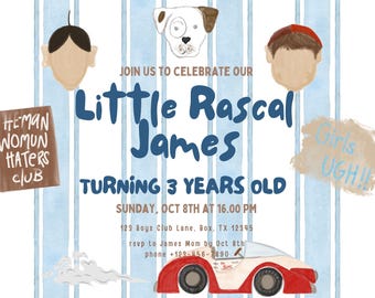 May include: A blue and white striped background with a birthday invitation for a boy named James turning 3 years old. The invitation features a cartoon car, a dog, and a boy's face. The text reads "Join us to celebrate our Little Rascal James Turning 3 Years Old. Sunday, Oct 8th at 16.00 PM. 123 Boys Club Lane, Box. TX 12345. rsvp to James Mom by Oct 8th. phone +123-456-7890."