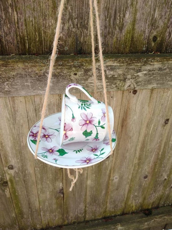 Tea Cup Bird Feeder Hanging Bird Feeder Bird Bath Upcycled Etsy