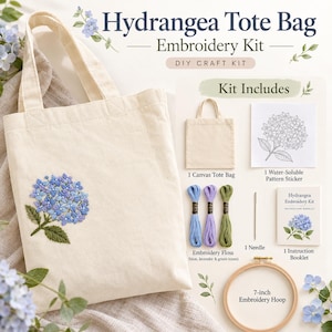 May include: A Hydrangea Tote Bag Embroidery Kit featuring a canvas tote bag with a blue hydrangea embroidery, a 7-inch embroidery hoop, a needle, blue, lavender, and green embroidery floss, a water-soluble pattern sticker, and an instruction booklet.