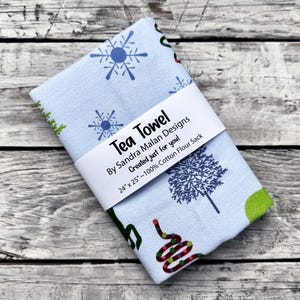 Christmas Tea Towel | Flour Sack Tea Towel | Dish Towel | Kitchen Towel | Holiday Tea Towel | Pine Trees | Snowflake and Reindeer Tea Towel