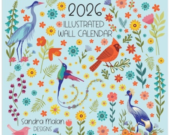 2026 Birds & Botanicals 8,5 x 8,5 inch wandkalender | Geïllustreerde kunstafdrukken