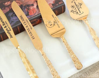 Juego de platos para cortar pastel de bodas personalizados, juego de espátulas doradas para cortar pastel, juego de regalo personalizado, regalo de aniversario de anillos, regalo para novios