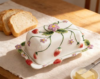 Natural Ceramic Butter Dish (With Lid), Embossed Ceramic Butter Box, Earthenware Material, Handmade.