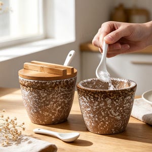 Pode incluir: Dois saleiros e pimenteiros de cerâmica com um design salpicado em castanho e branco. Um recipiente tem uma tampa de madeira e uma colher. Uma mão está a verter sal de uma colher branca para o outro recipiente. Uma colher branca está sobre a mesa.