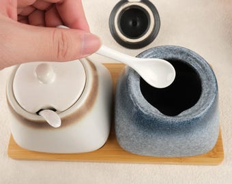 Japanese Speckled Ceramic Condiment, Ceramic Salt Jar Set, With A Spoon And Tray, Folk Art Spice Jar, Sugar Bowl, Salt Pepper Pot