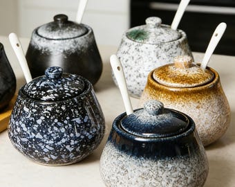 Tarro de especias de cerámica hecho a mano, tarro de especias de estilo japonés, caja de almacenamiento de cocina, tarro de especias con tapa y cuchara, regalo para mamá.