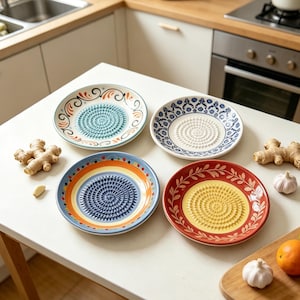 Può includere: Quattro piatti grattugia in ceramica in vari colori e motivi. I piatti hanno una superficie di grattugia centrale strutturata. Un piatto è blu con strisce arancioni e gialle, un altro è rosso con grattugia gialla.
