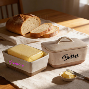 Peut inclure: Un beurrier rectangulaire avec un couvercle et le mot "Butter" en écriture noire. Un pain de beurre est dans un plat assorti avec le nom "Lorraine" en script rose. Du pain tranché et un couteau à beurre sont également présents.