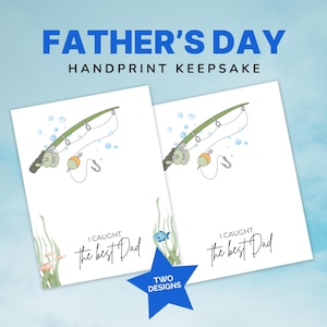 Tarjeta con la huella de la mano de "Atrapé al mejor papá", regalo del Día del Padre, descarga digital, recuerdo personalizado, manualidad imprimible con huella de caña de pescar
