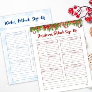 Könnte beinhalten: Zwei Anmeldeformulare für ein Potluck. Eines ist für ein Winter-Potluck mit blauen Schneeflocken-Akzenten und Text. Das andere ist für ein Weihnachts-Potluck mit rotem Text und festlicher Dekoration.