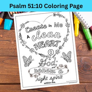 Página para colorear del Salmo 51:10 – Serie de Escrituras de Mariposas, Versículo Bíblico Cristiano Imprimible