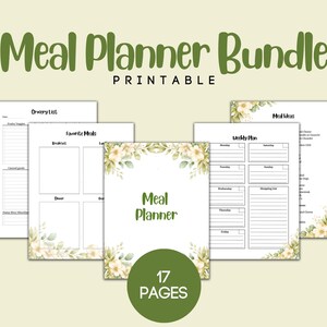 Printable Meal Planner Bundle, 17 Page Weekly Menu Planner, Grocery List & Recipe Cards, Floral Kitchen Organization Kit, PDF Download
